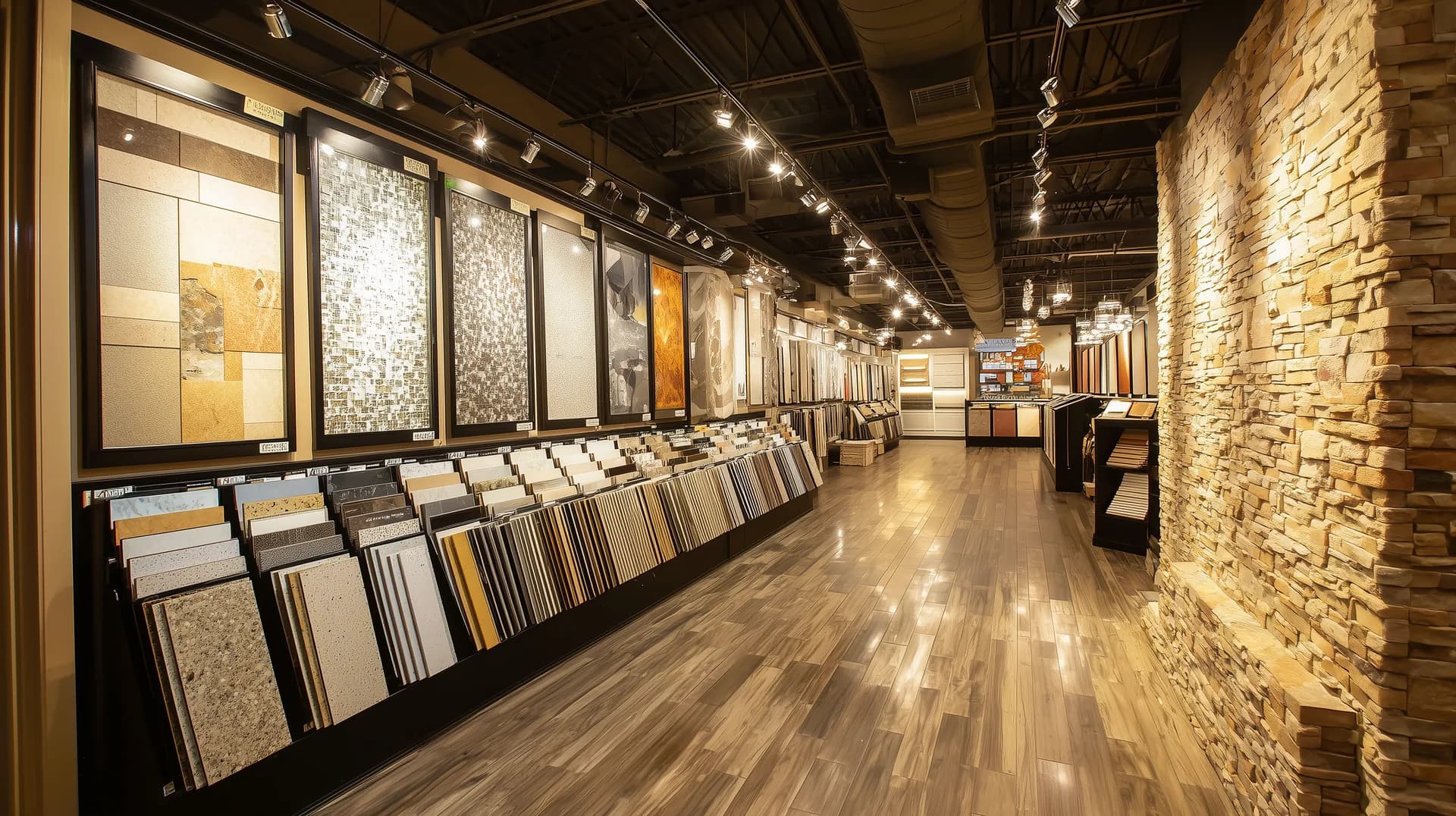 Wide view of an upscale builder design center showroom with rows of tile and stone samples