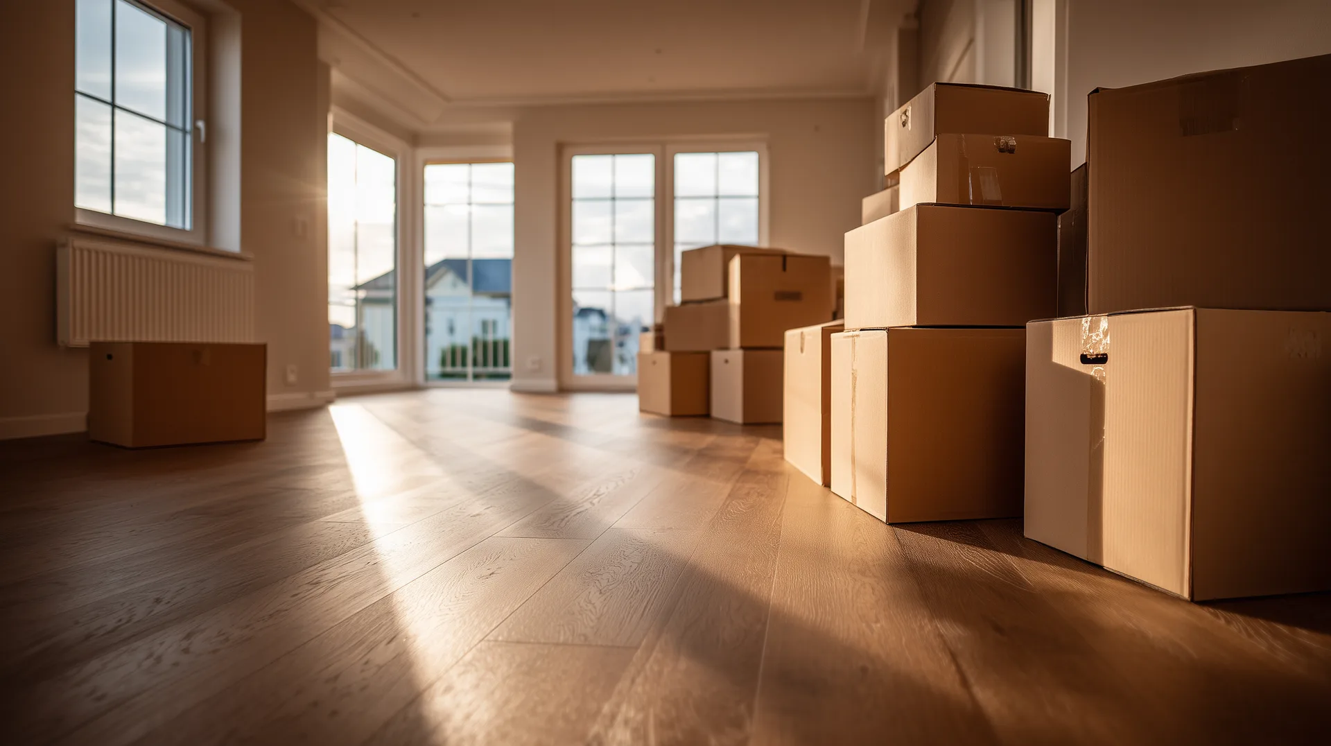 Moving boxes stacked in an empty new construction living space with hardwood floors