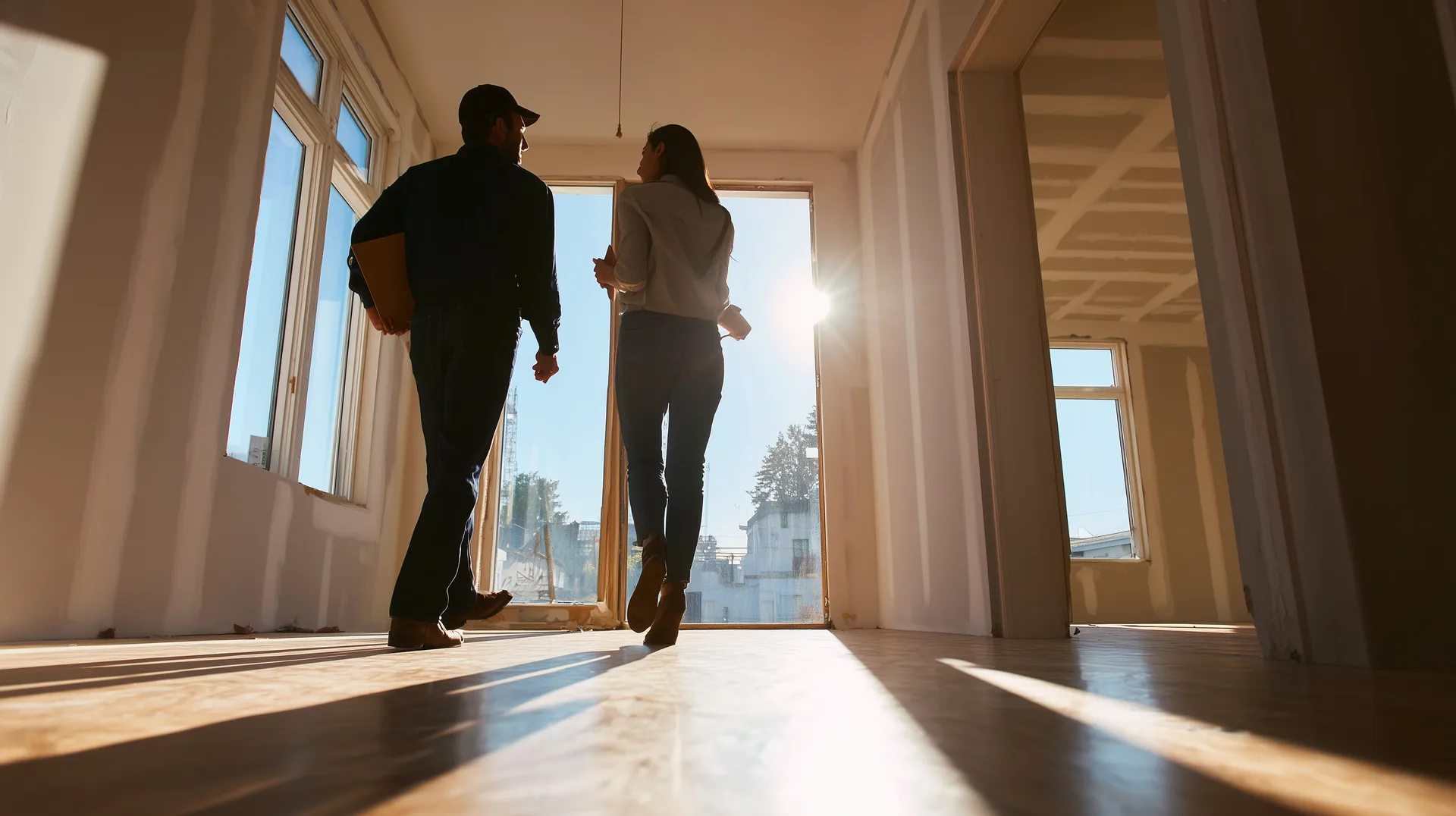 Two people walking through an empty new construction home with clipboard during warranty walkthrough