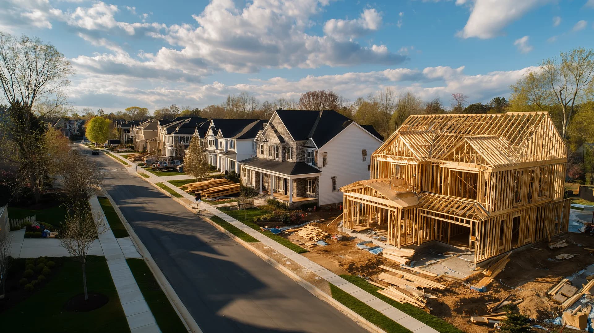 Aerial view of an established home next to a new home under framing construction