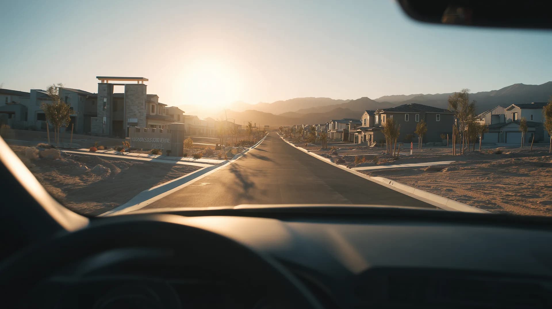 Driver POV driving through a new construction community at sunset with mountains ahead