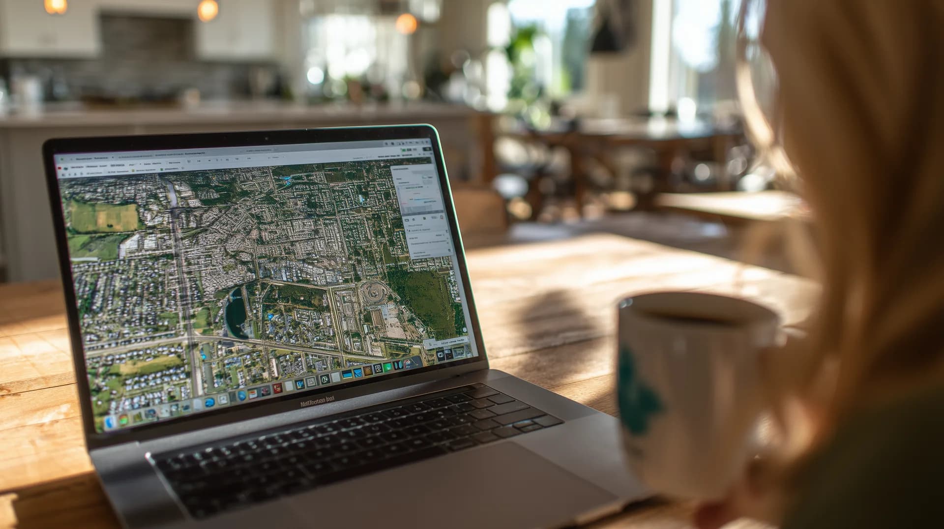 Person at kitchen table with laptop showing aerial satellite map of a neighborhood