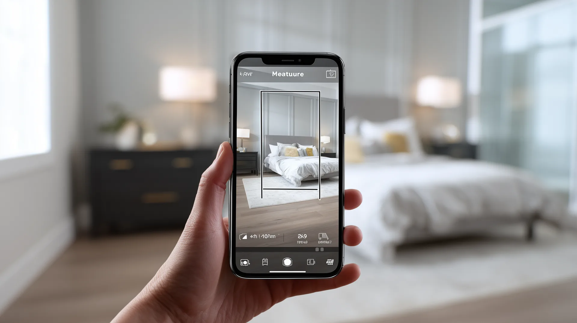 Hand using iPhone Measure app to capture bedroom dimensions in a model home