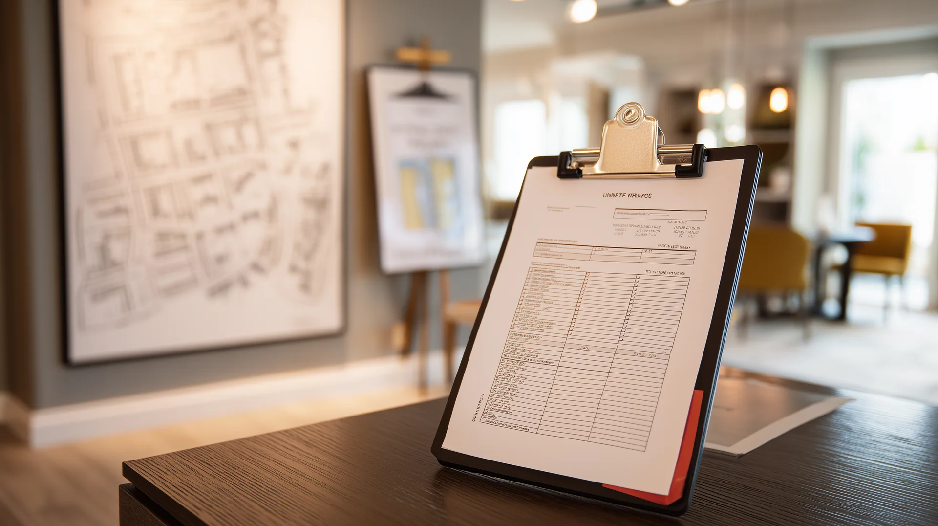 Clipboard with upgrade pricing sheet on desk in a builder sales office