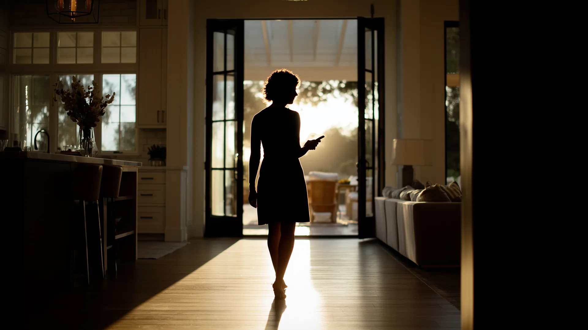 Silhouetted woman with phone walking through model home front doors backlit by golden light