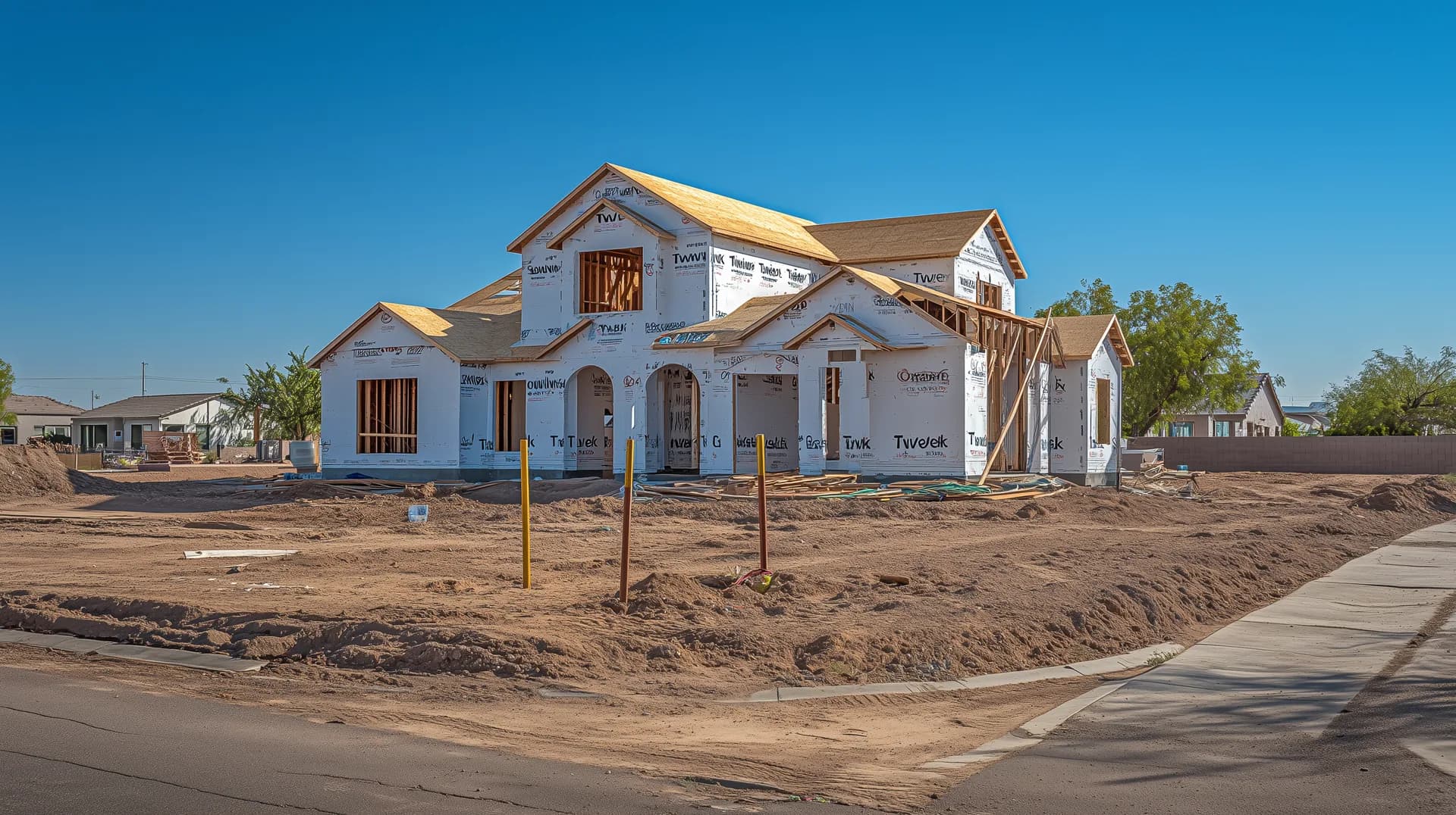 New construction home at framing stage on a Phoenix suburban lot with clear blue sky
