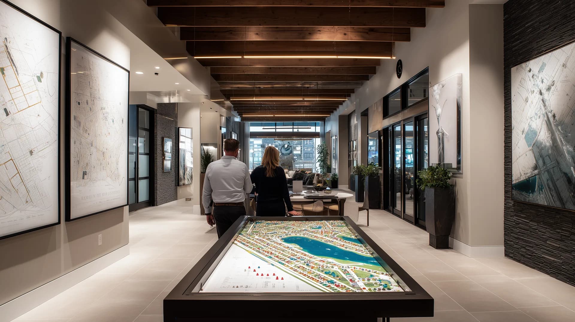 Upscale builder sales office with illuminated community model and floor plan displays