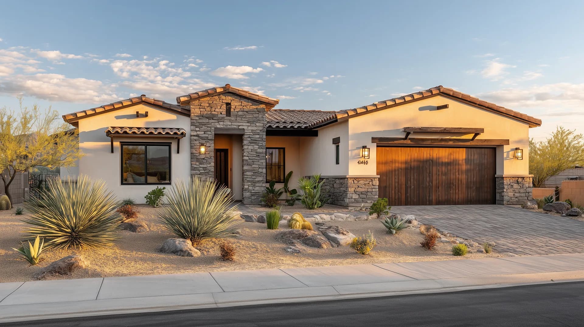 Completed new construction home in Arizona afternoon sun with desert landscaping