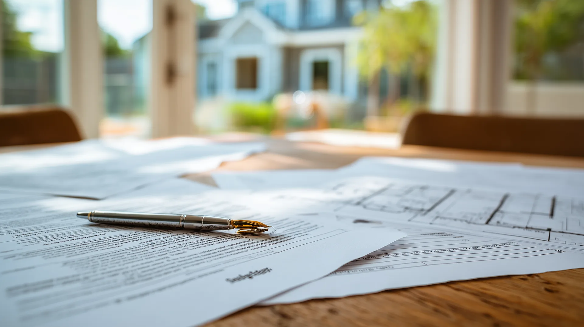 FHA loan application documents spread on a closing table with new home visible through window