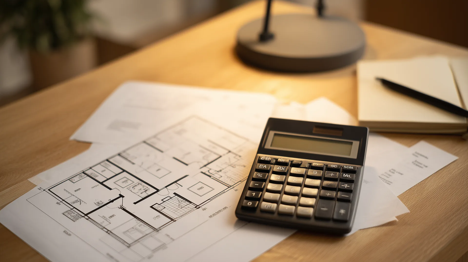 Calculator on printed floor plans on a desk for down payment comparison