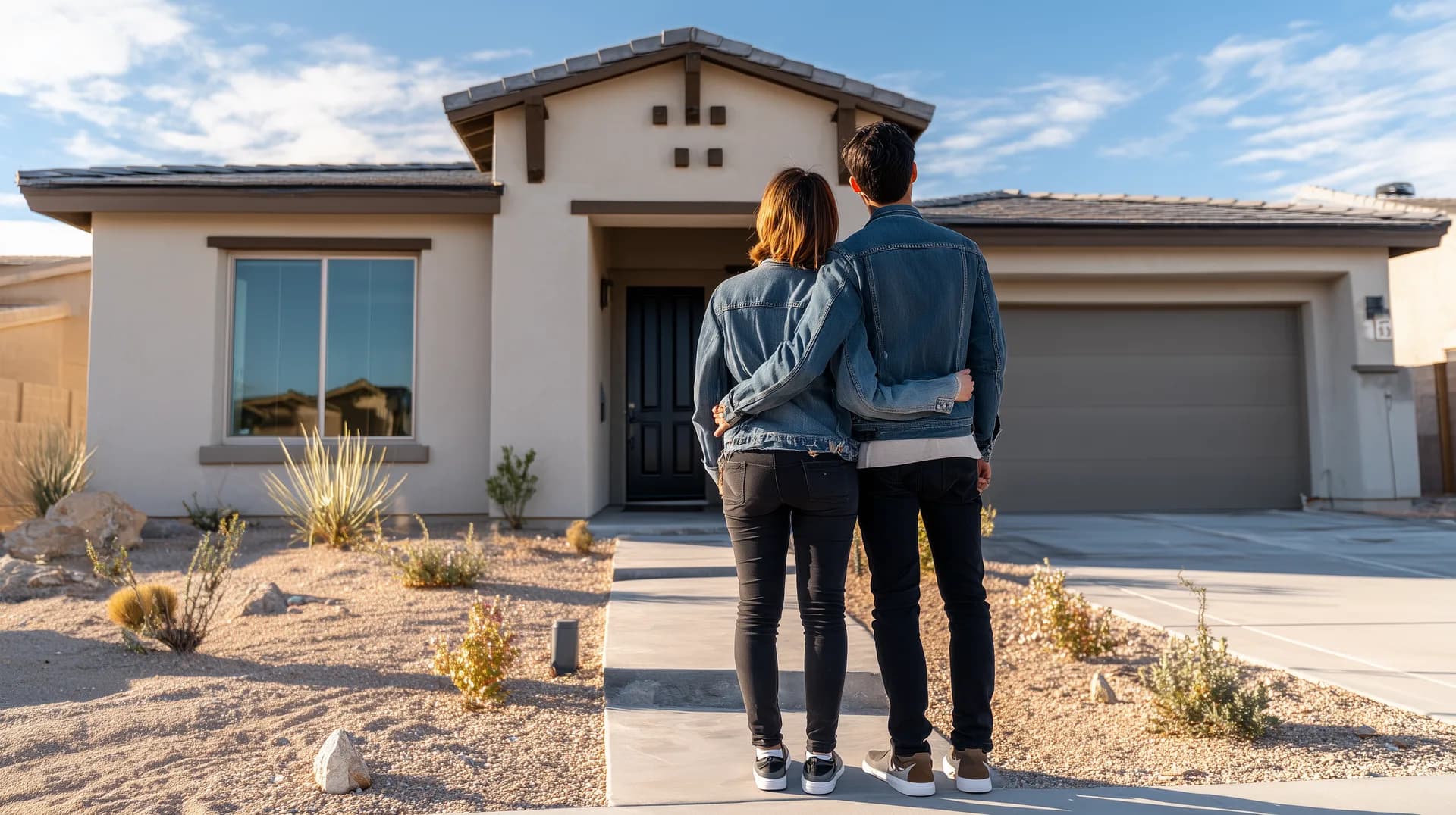 First-time homebuyer couple standing at the front door of a new construction home in Arizona