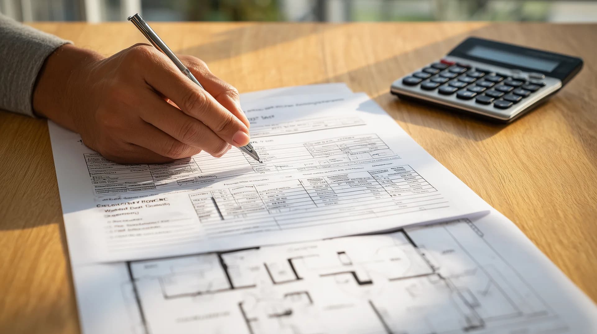 Hand reviewing closing disclosure form with pen and calculator on desk