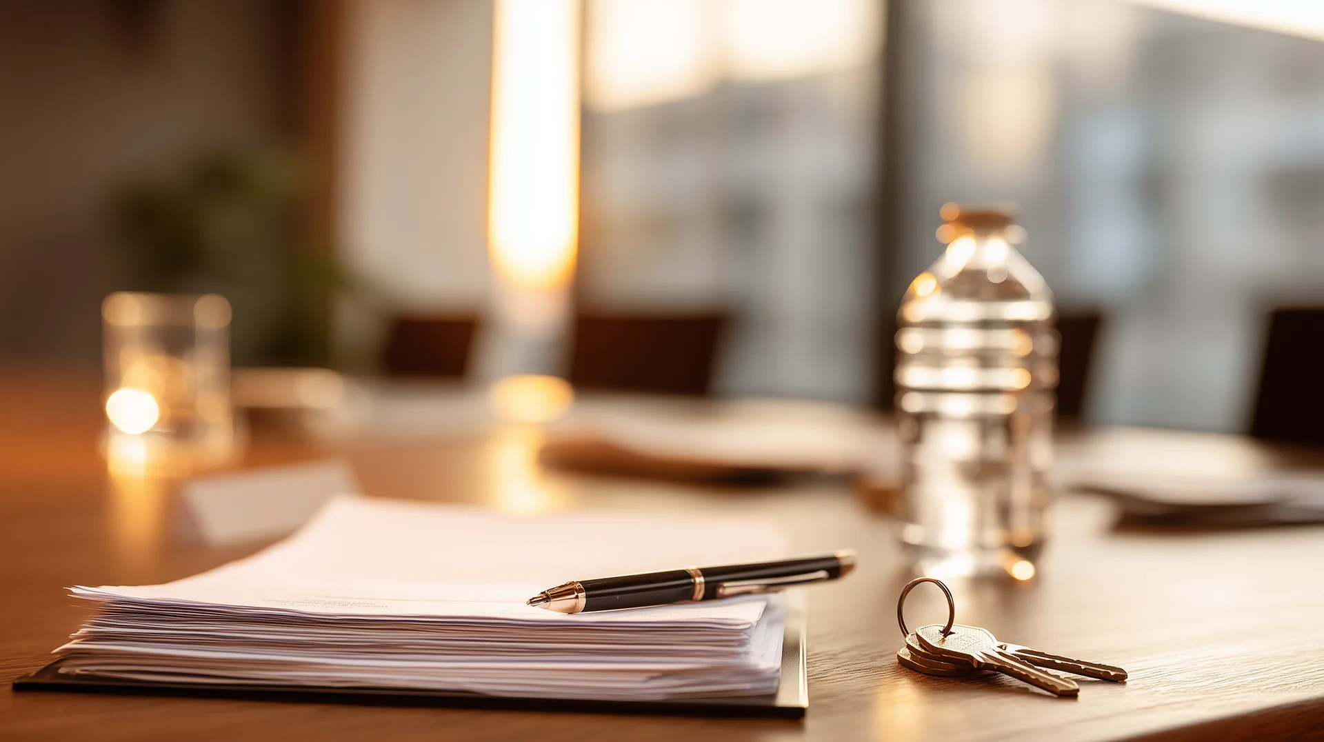 New construction closing table with document stack pen and house keys