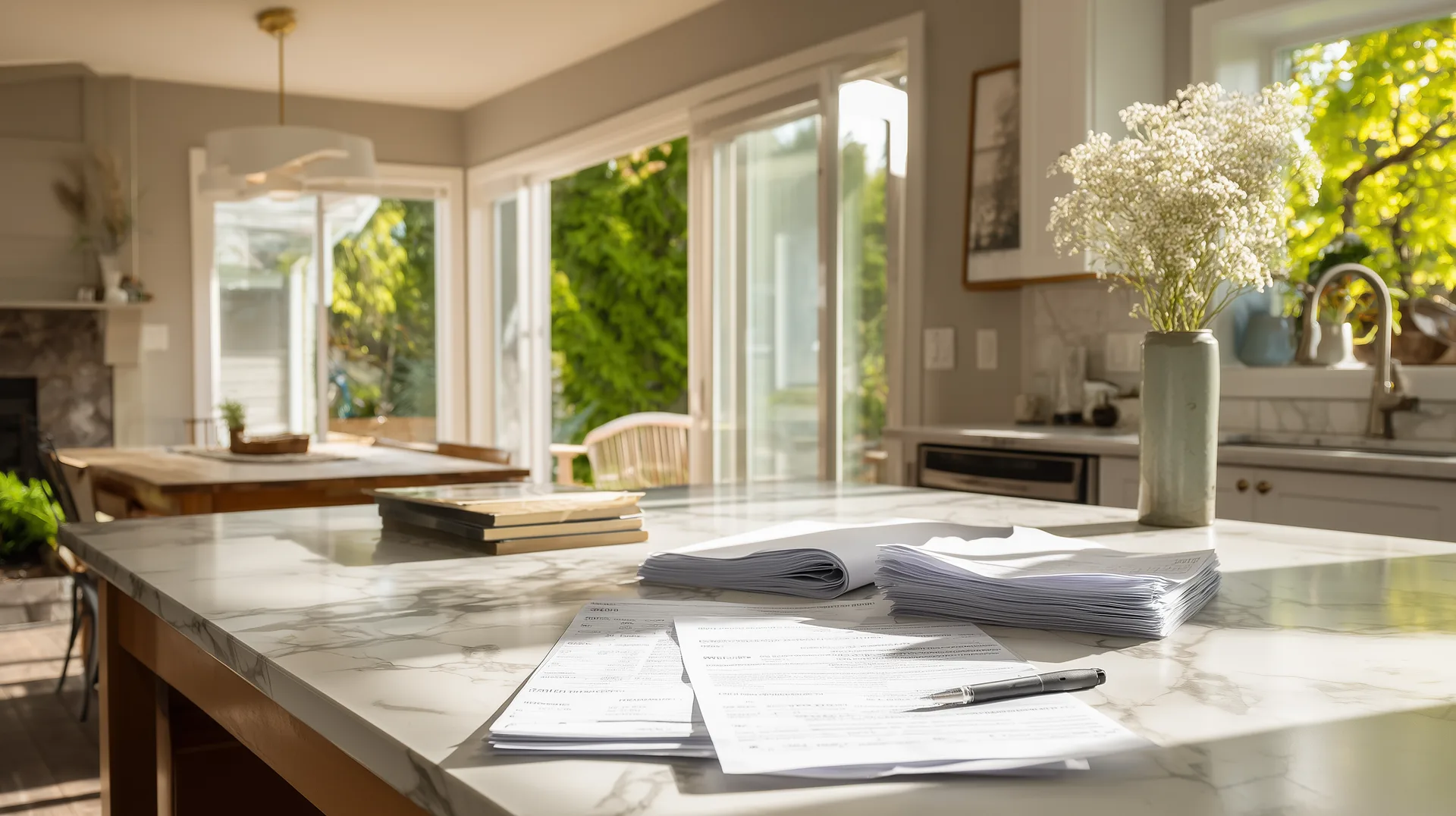 Bright new construction kitchen with tax documents on marble island and flowers