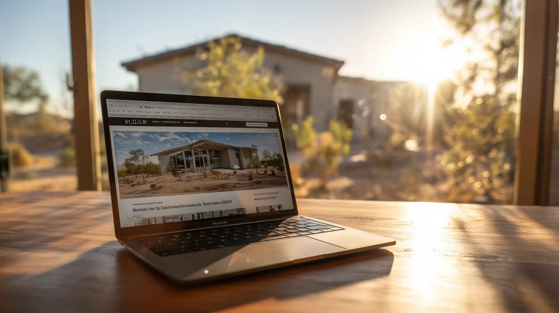 Laptop showing Maricopa County Assessor website with Arizona home visible through window