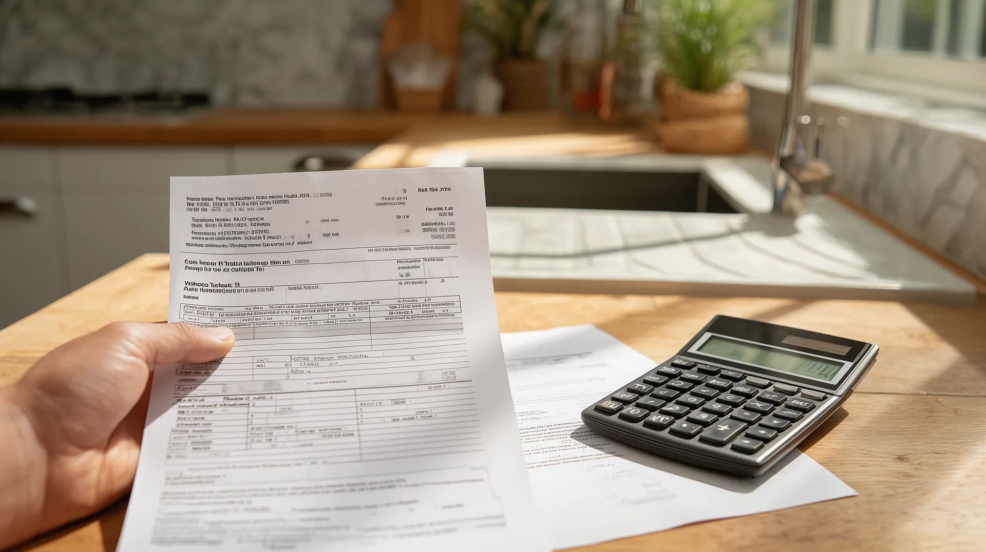 Person holding property tax statement in kitchen with calculator on counter