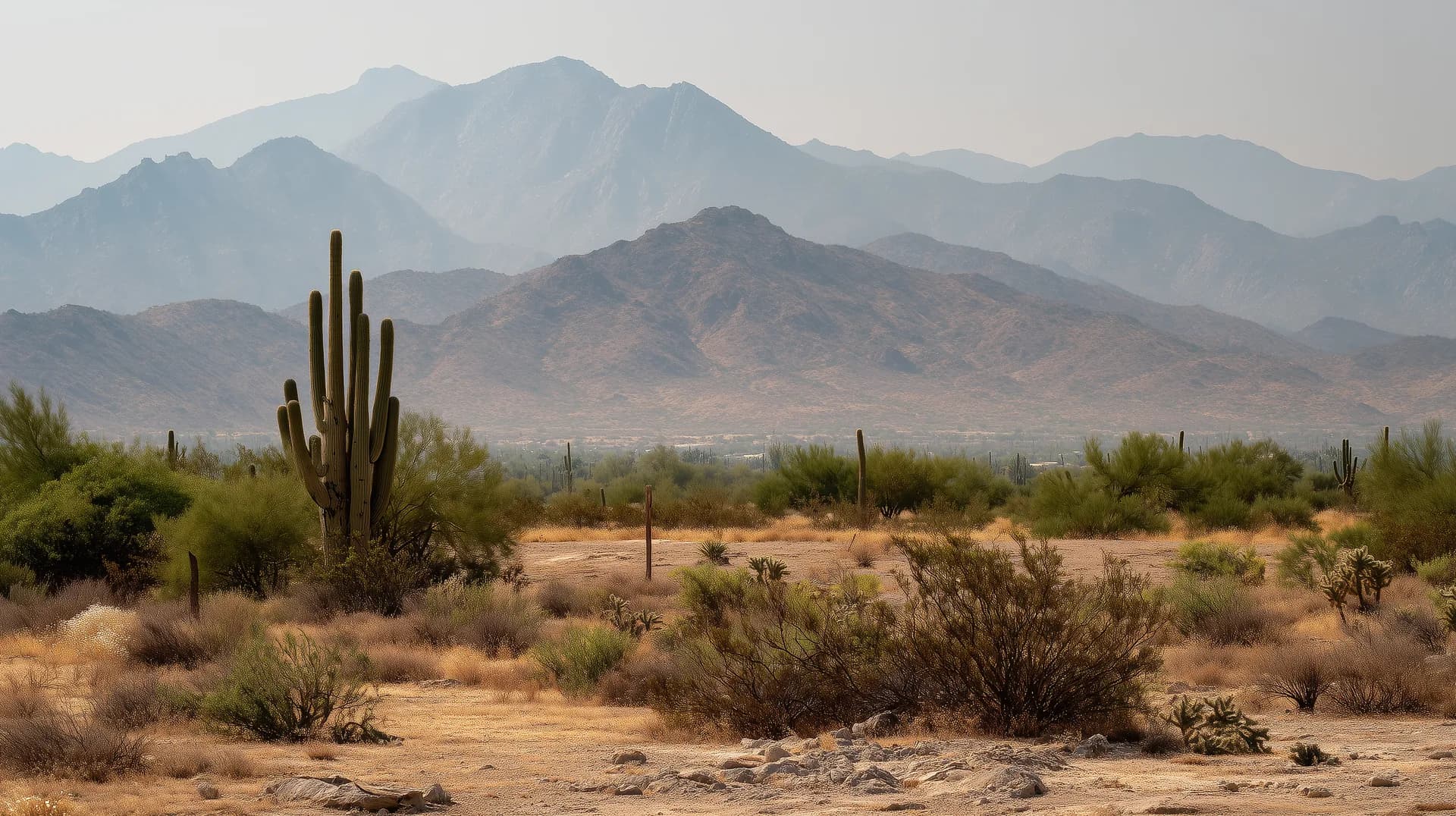 Wide Phoenix desert landscape with saguaro cacti and layered mountain ranges under heat-bleached sky