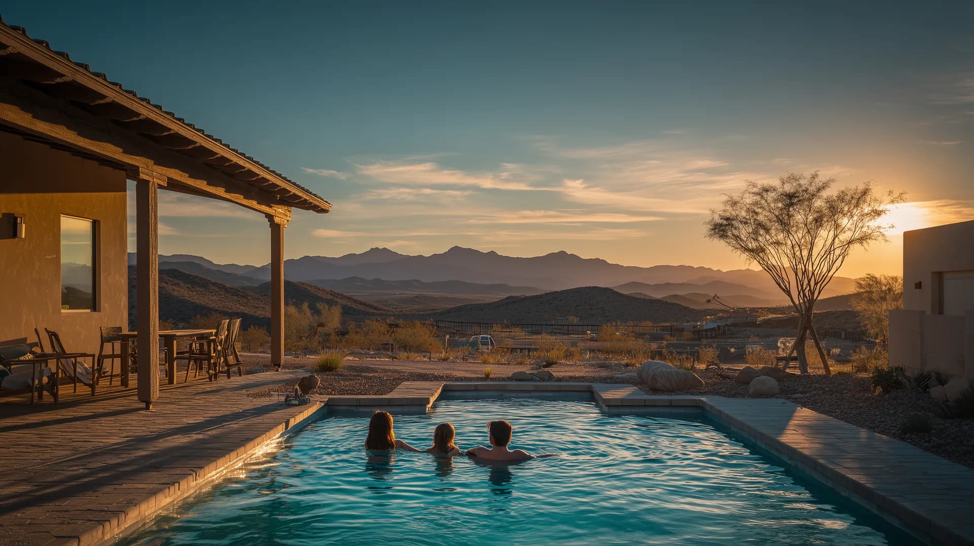 Family relaxing in backyard pool of a new construction desert home at golden hour sunset