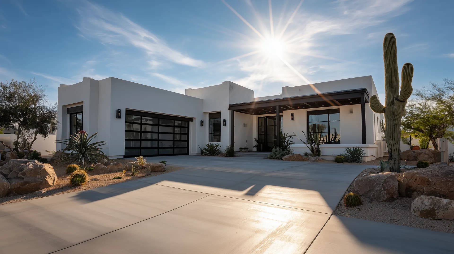 New construction stucco home in Phoenix under blazing midday sun with dramatic lens flare