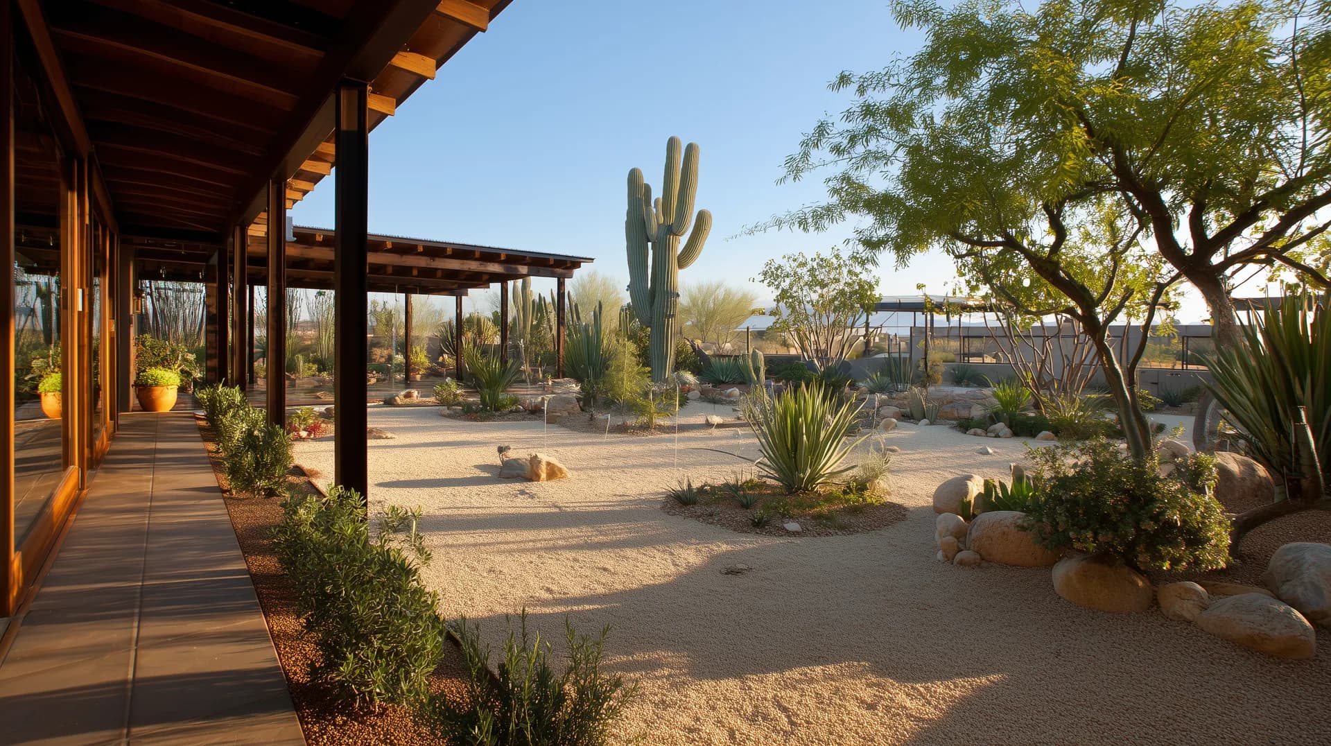 New construction home with drought-tolerant desert landscaping saguaro cactus and decomposed granite