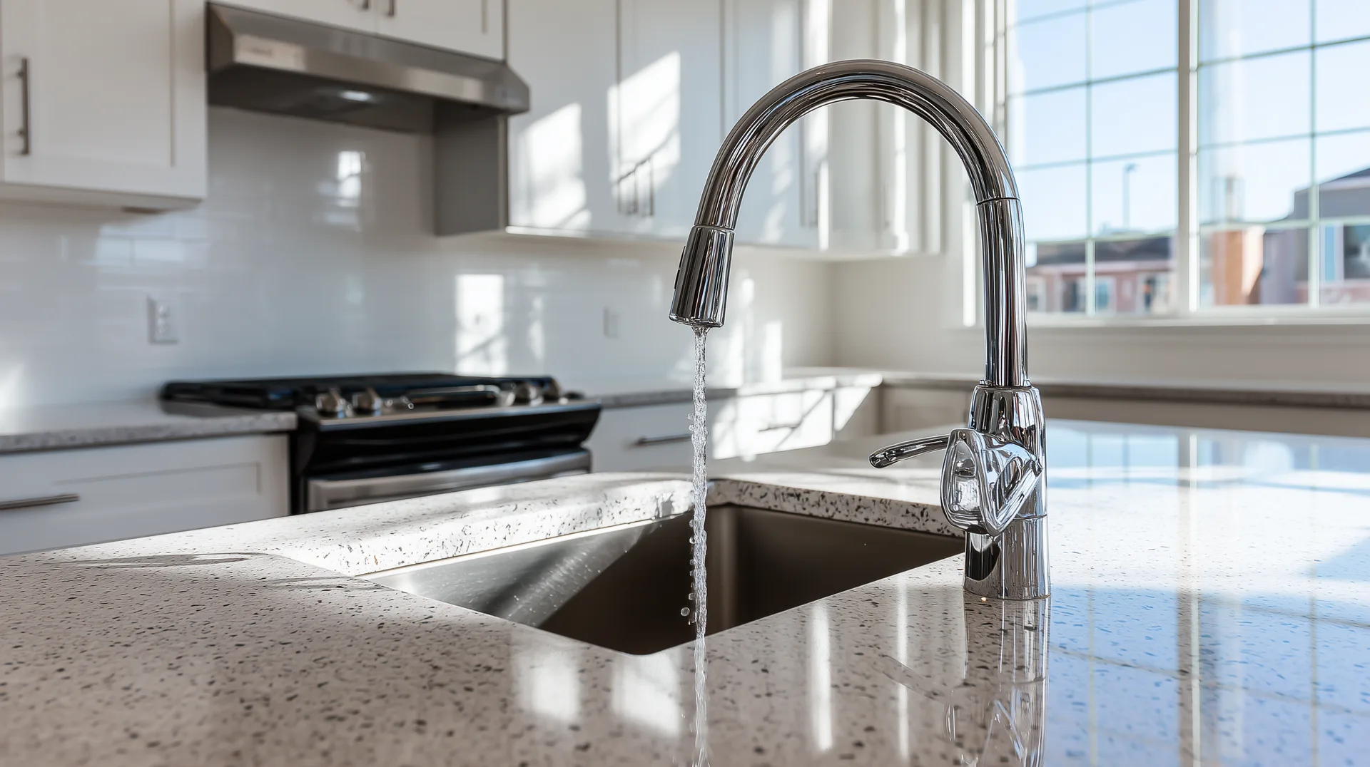 Water-efficient chrome faucet running in a new construction kitchen with granite countertops