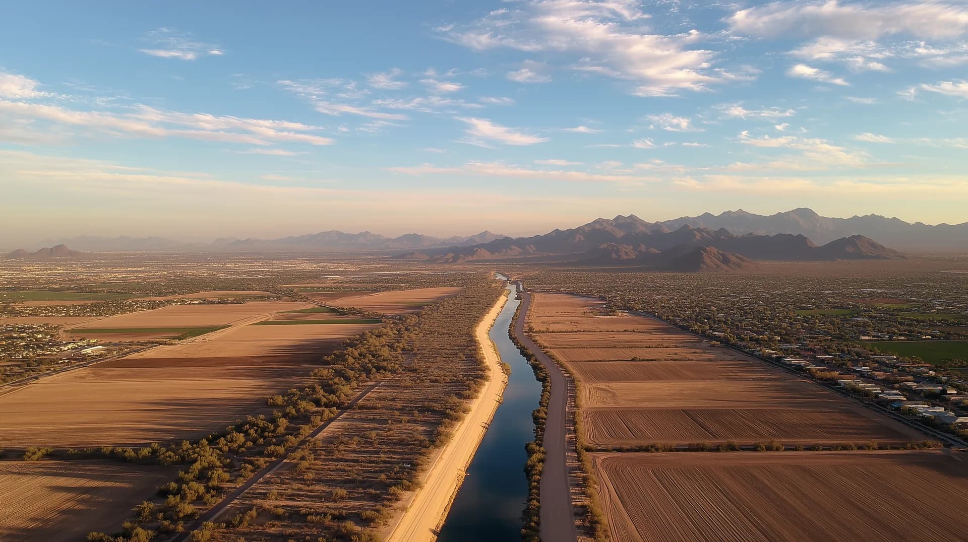 Central Arizona Project canal stretching through the desert toward mountains at golden hour