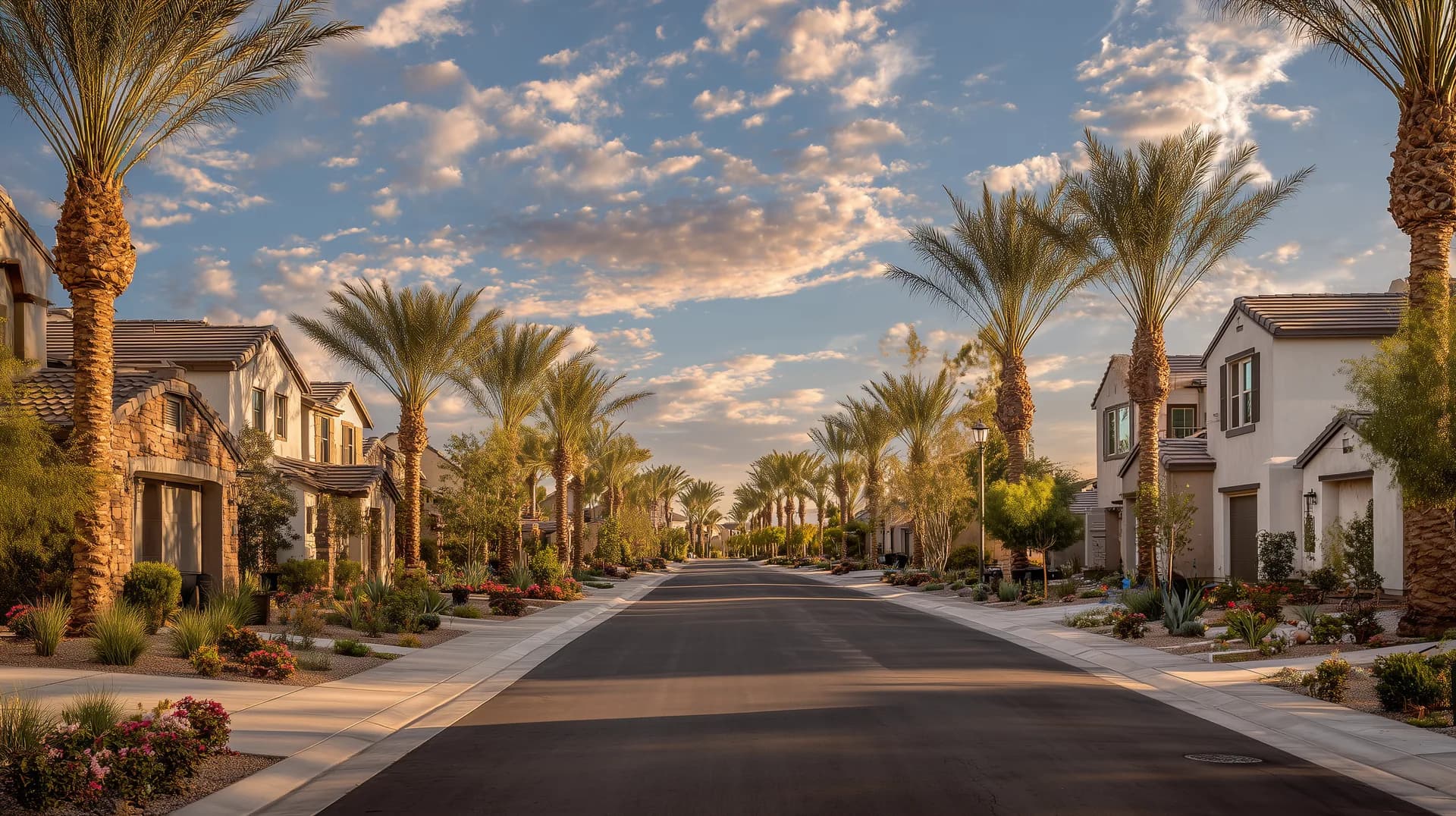 East Valley new construction community street with palm trees and upscale stucco homes