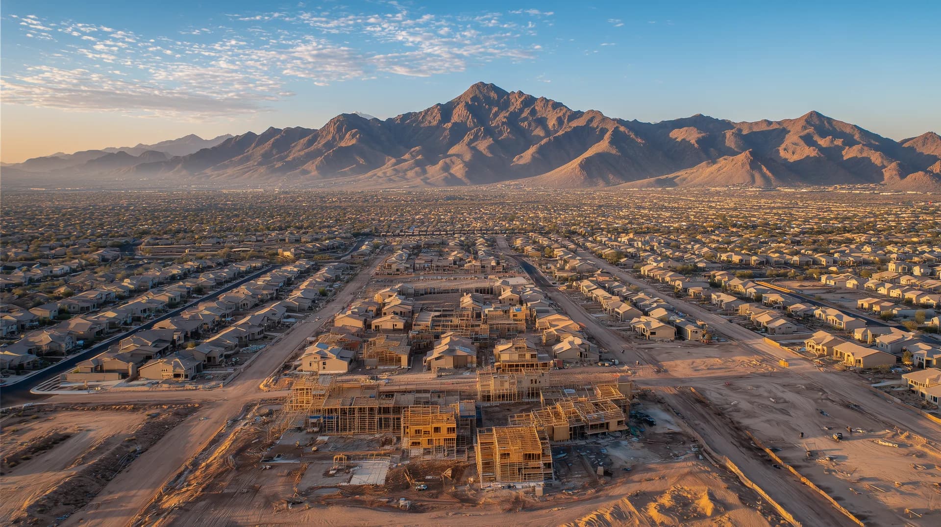 Aerial drone view of Phoenix metro new construction with active building sites and mountains