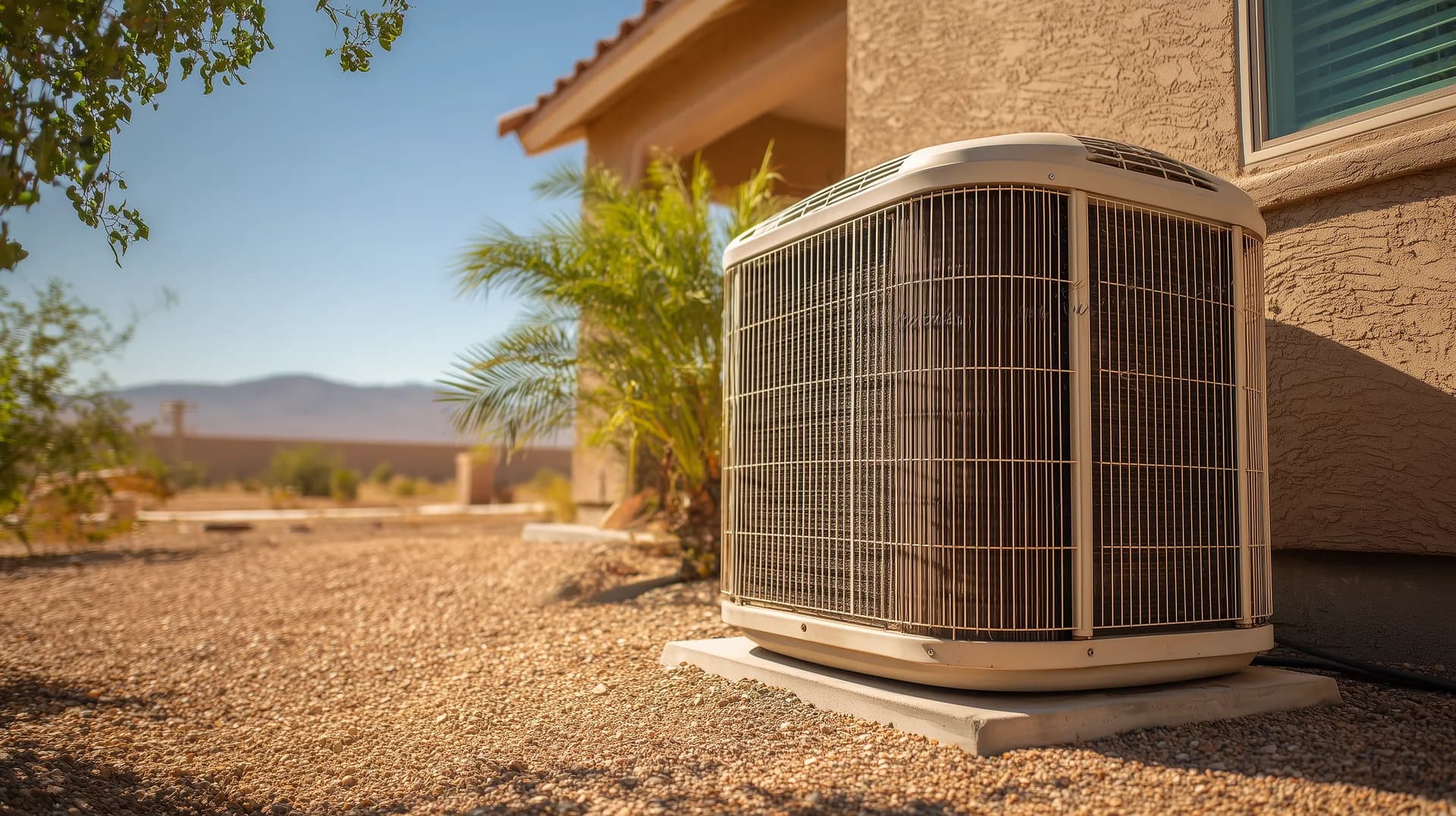 AC condenser unit outside new construction home in intense Arizona sun with desert mountains