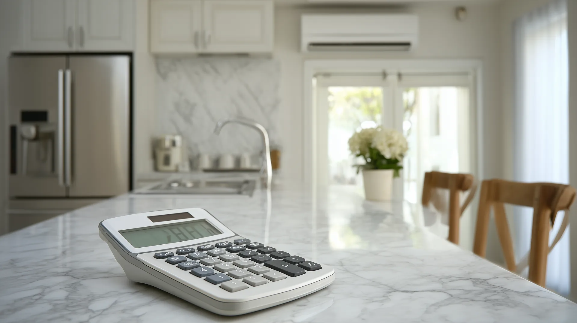 Calculator on kitchen counter in new construction home for summer electricity bill calculation