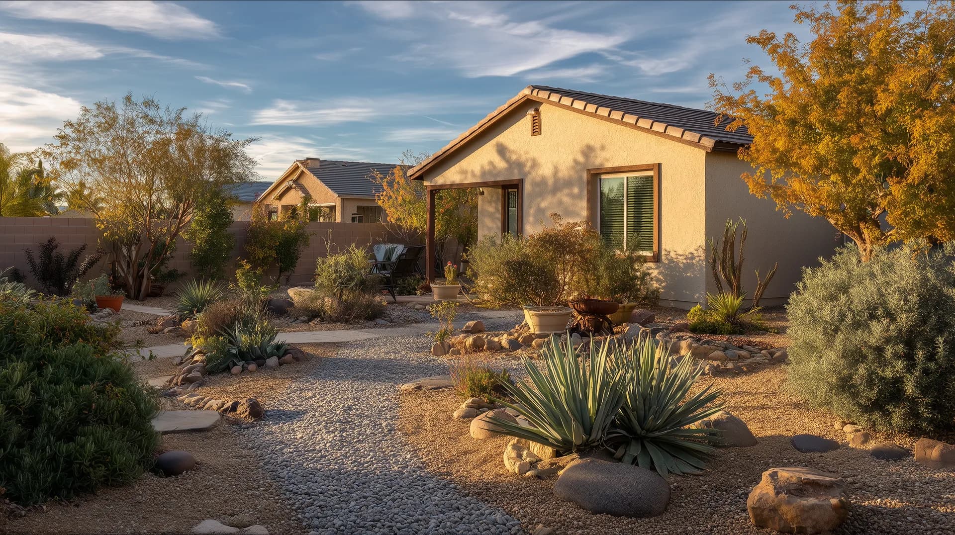 Same backyard six months later with newly installed desert landscaping glowing in afternoon light