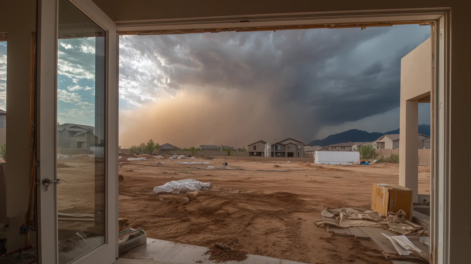 View through patio glass doors at raw dirt backyard with dust storm clouds rolling in