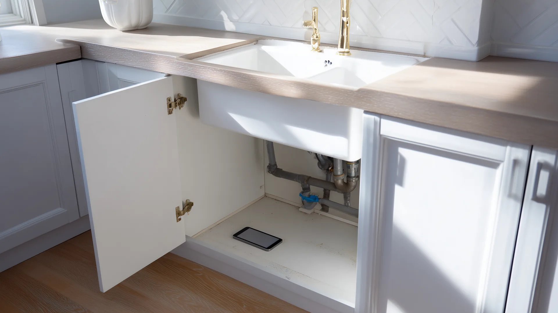 Under-sink cabinet open in new construction kitchen exposing supply lines and drain plumbing