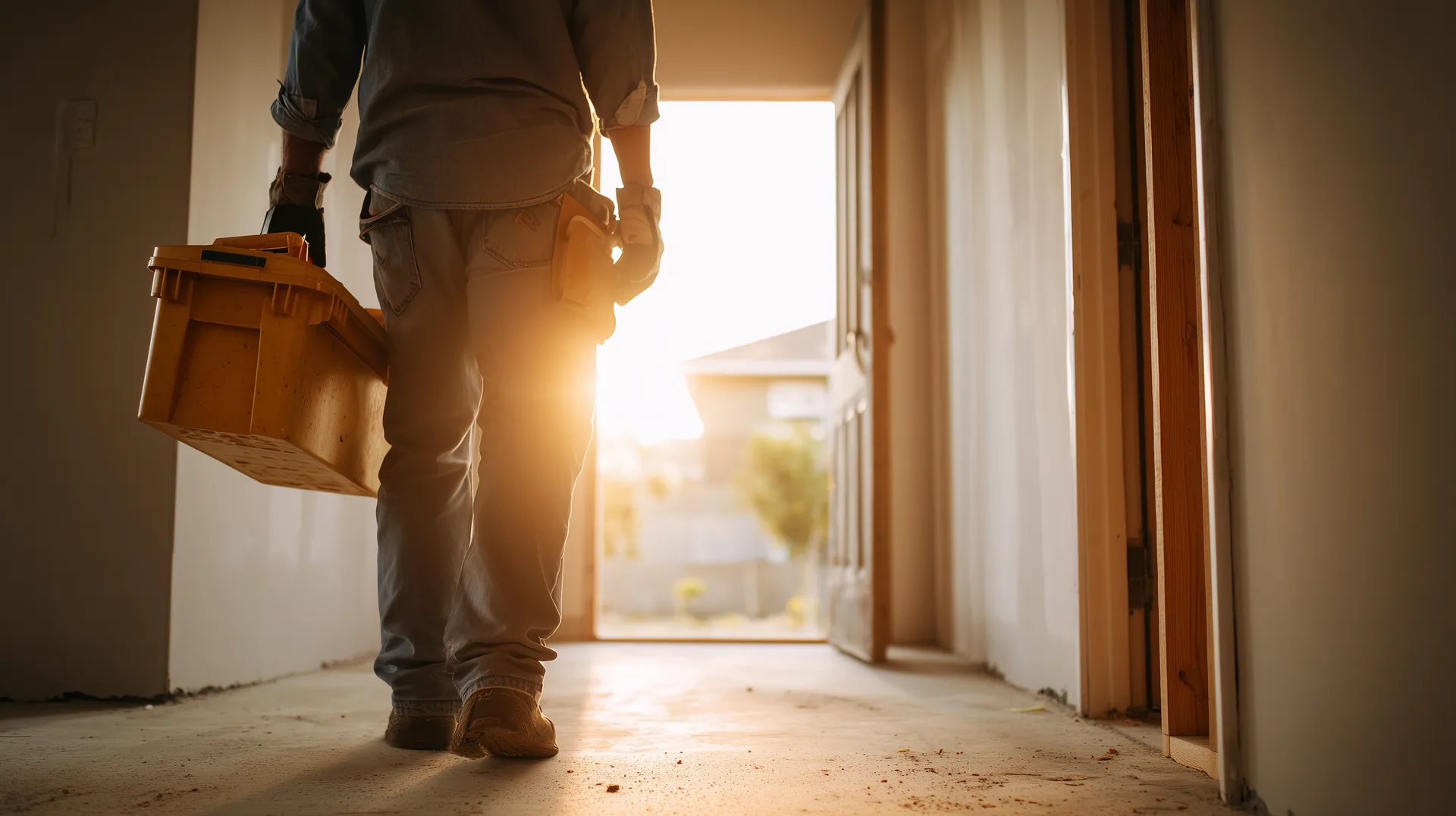 Worker carrying toolbox entering front door of a new construction home silhouetted against sunlight