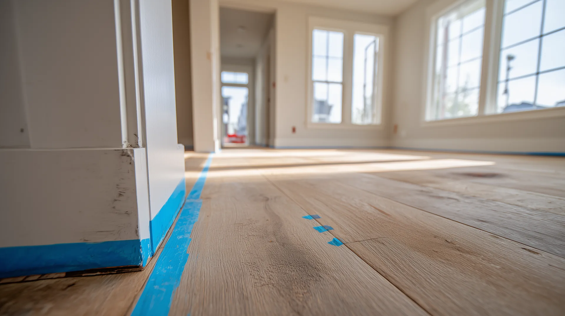 Blue painter tape strips marking floor defects at door frame in new construction home