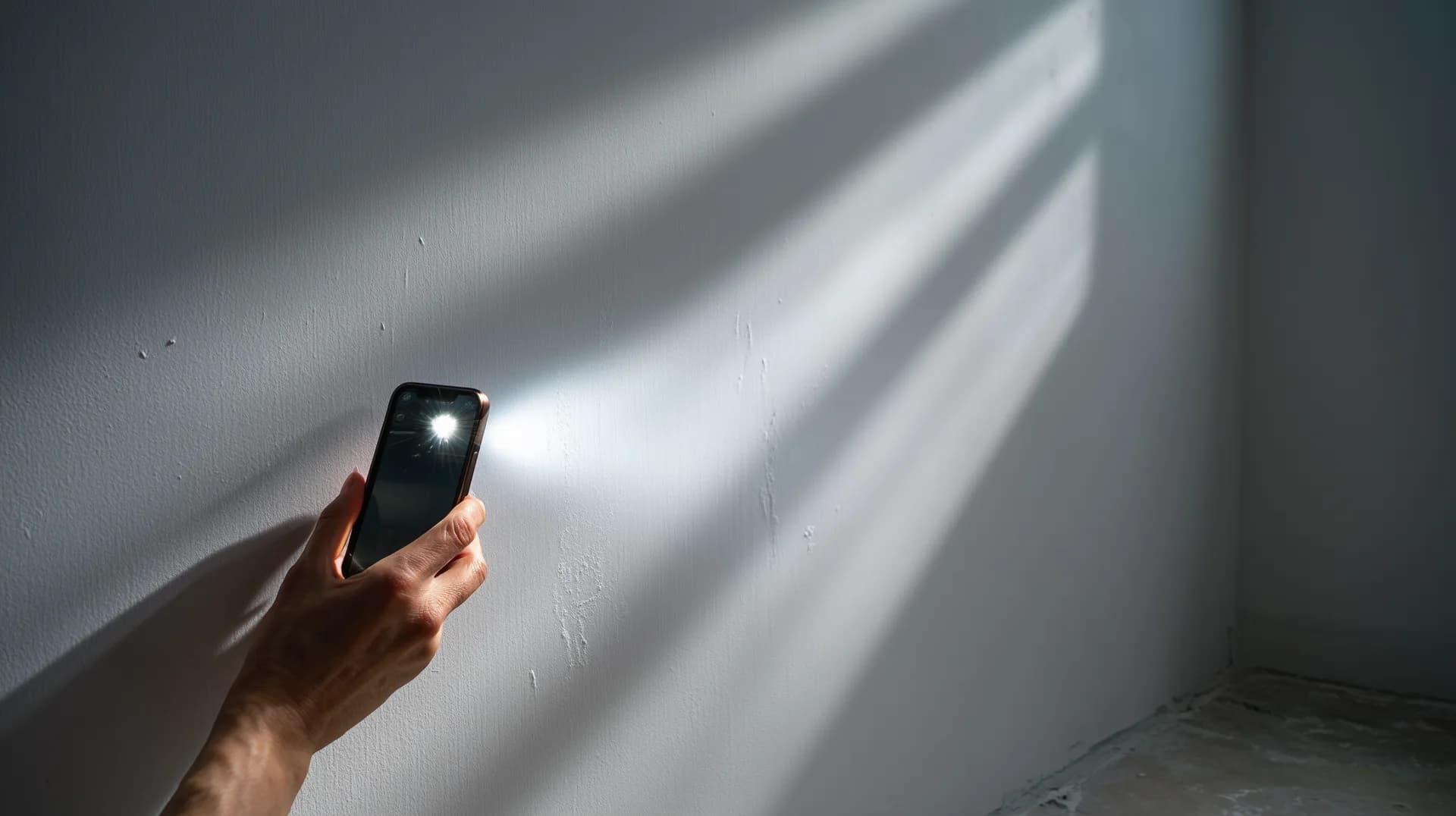 Hand holding phone flashlight at raking angle to reveal wall surface imperfections