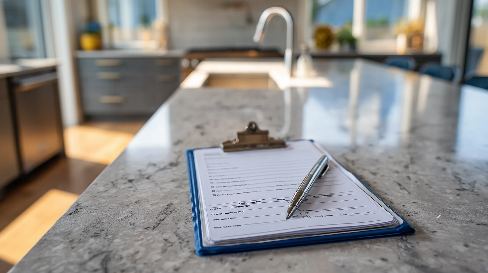 Punch list clipboard with form and pen resting on quartz kitchen island