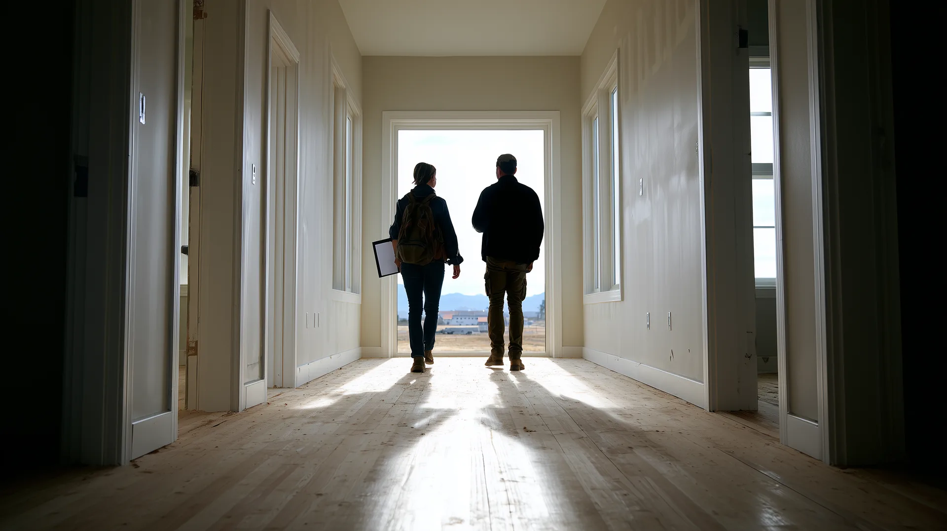 Two silhouettes walking through a completed new construction hallway with clipboard
