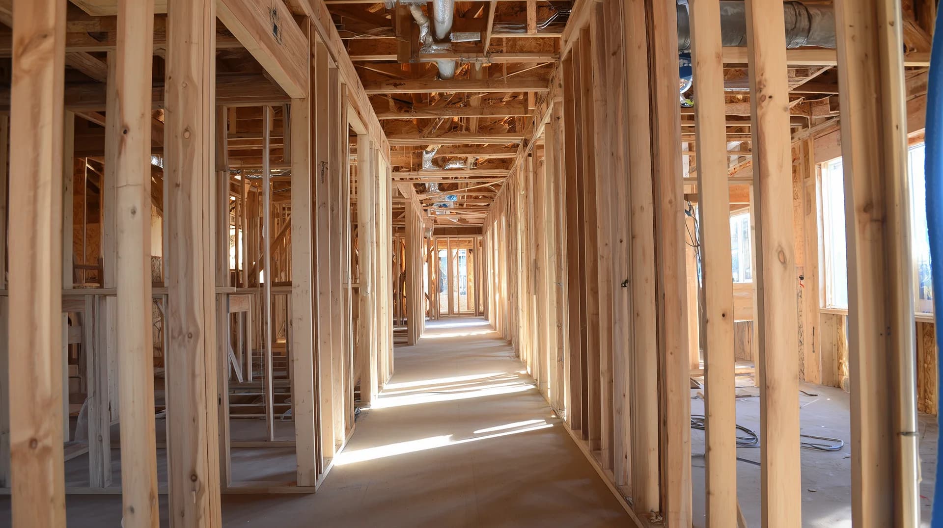 Interior of a home at framing stage with exposed studs electrical conduit and ductwork