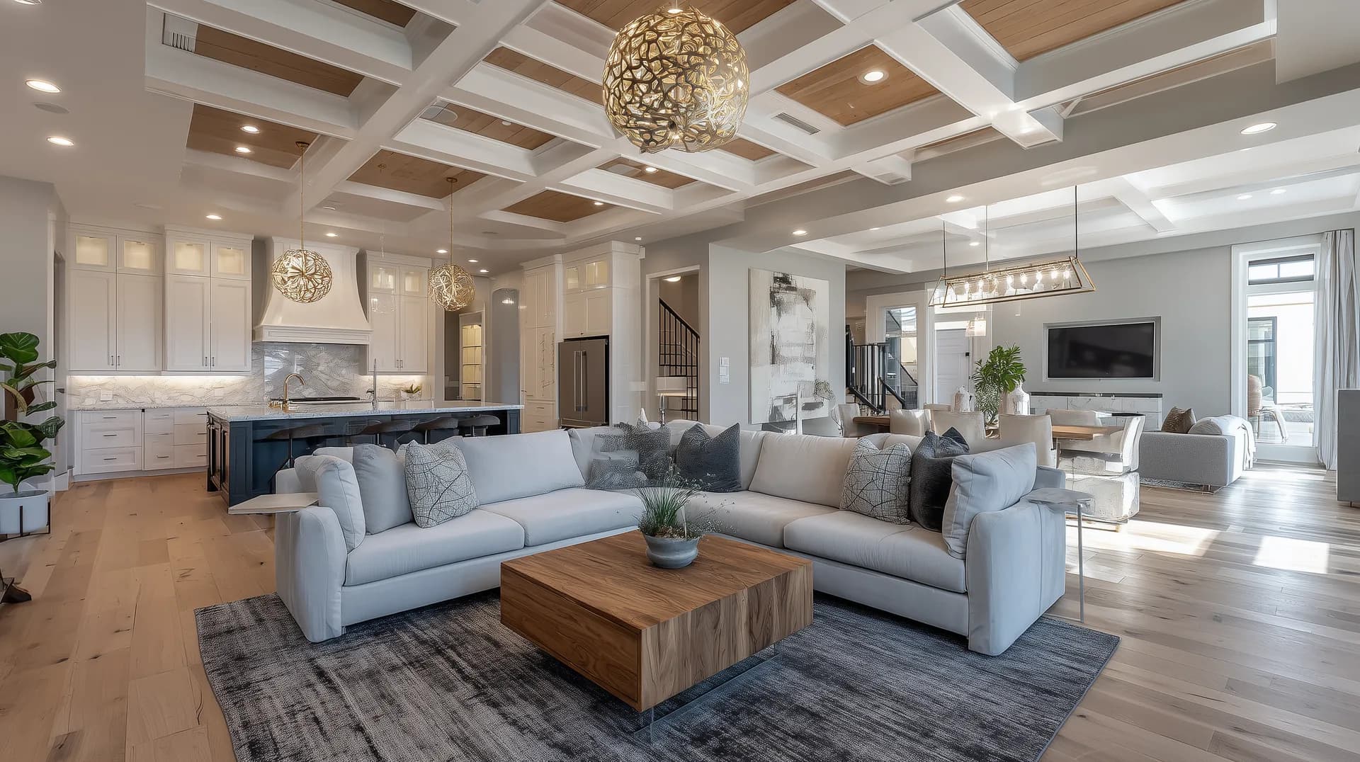 Upscale model home great room with soaring coffered ceilings chandelier and hardwood floors