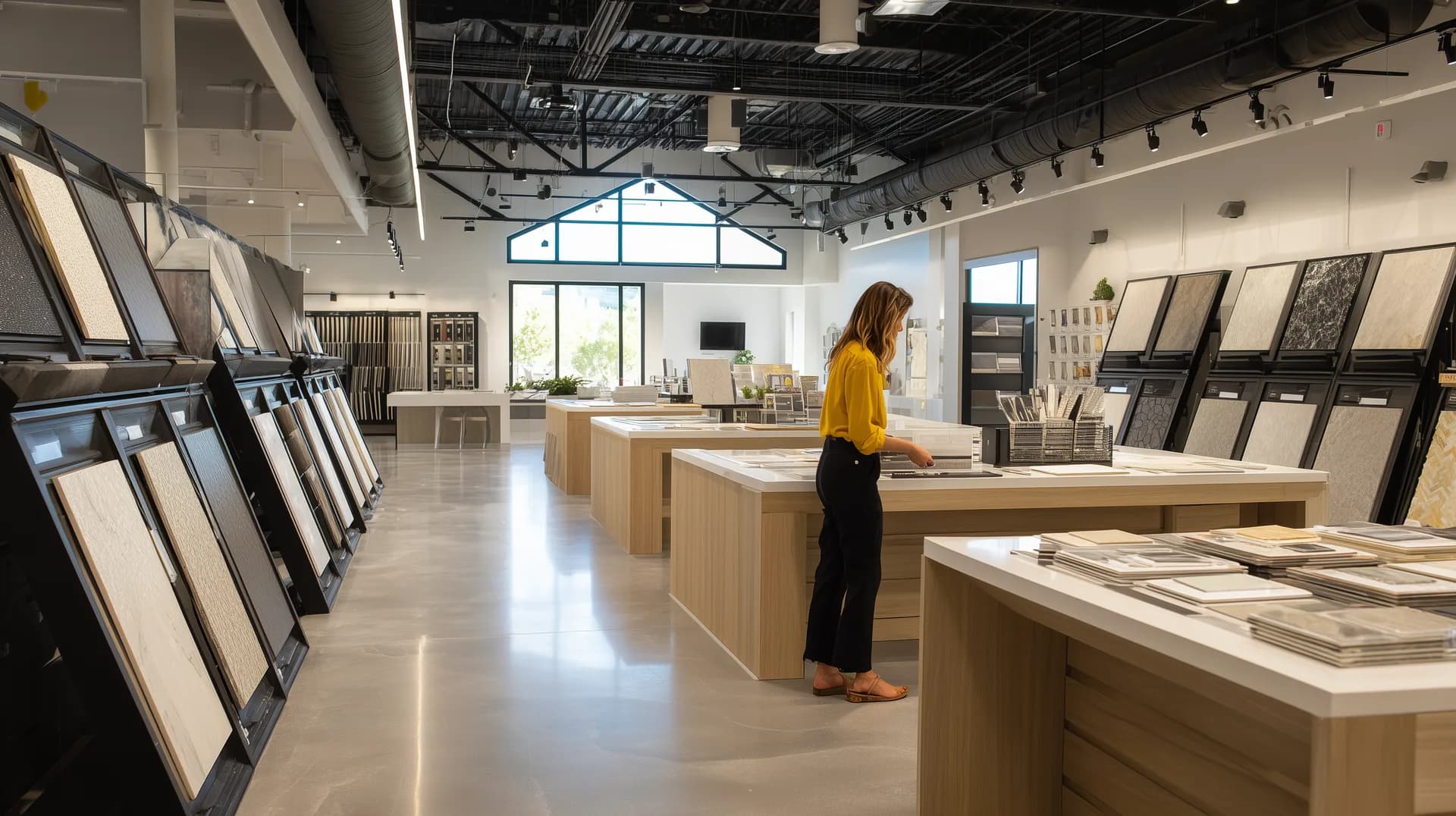 Woman browsing a spacious builder design center showroom with countertop and flooring samples